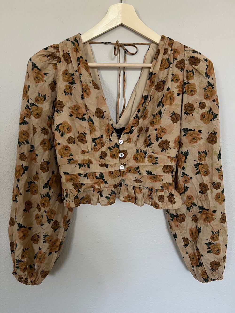 Vici Brown Floral Blouse Crop Top Cotton Blend Women's Size Small NWOT